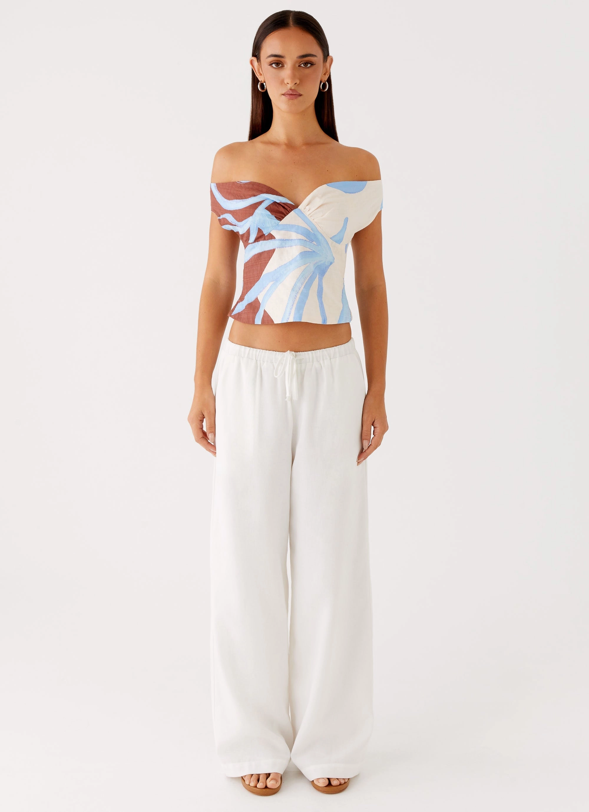 Weighted Hem Trim Ozella Off Shoulder Top - Bloom Wave Print