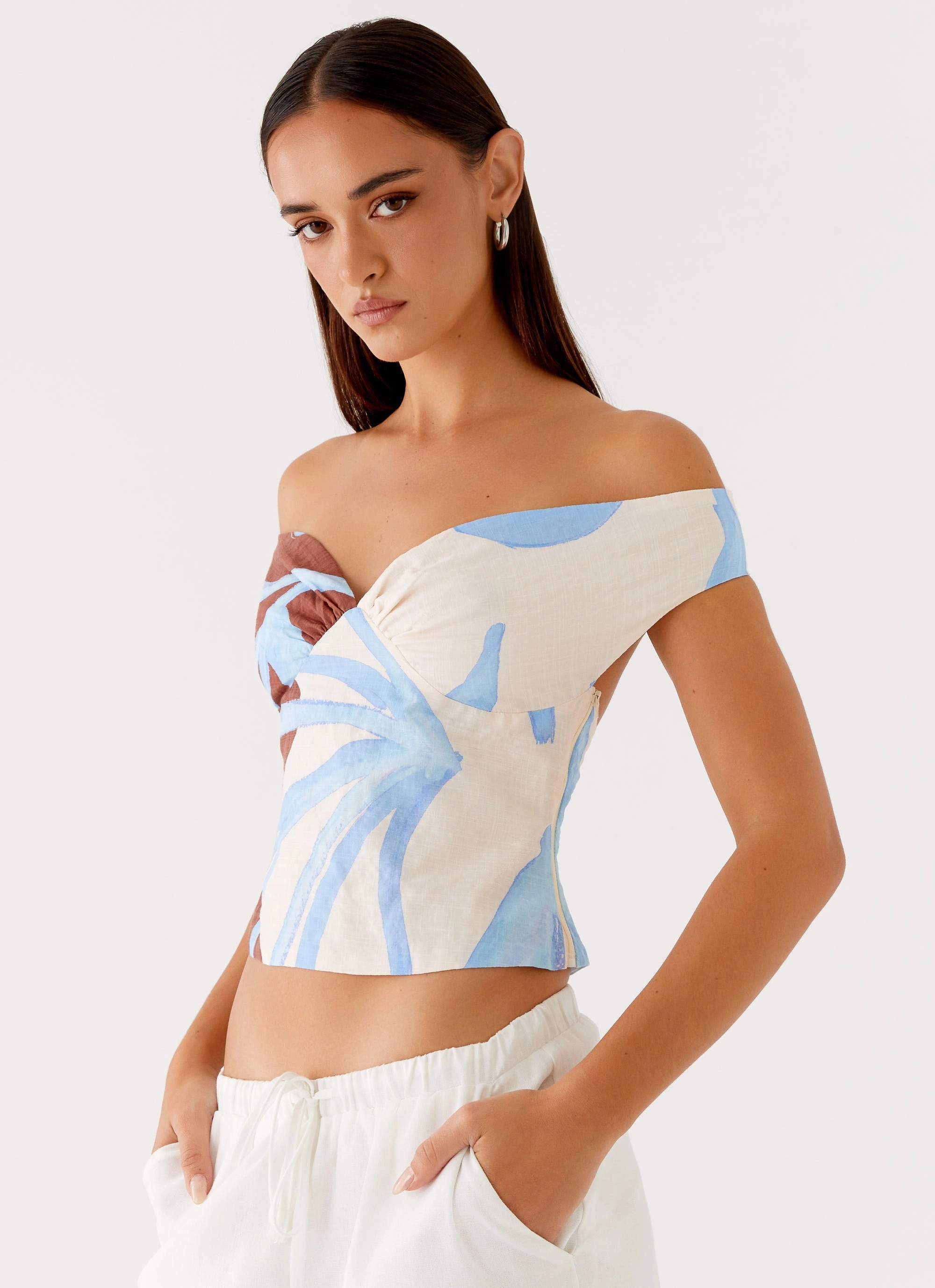 Ozella Off Shoulder Top - Bloom Wave Print AdjustableNeckline SoftTouchBrushedInterior
