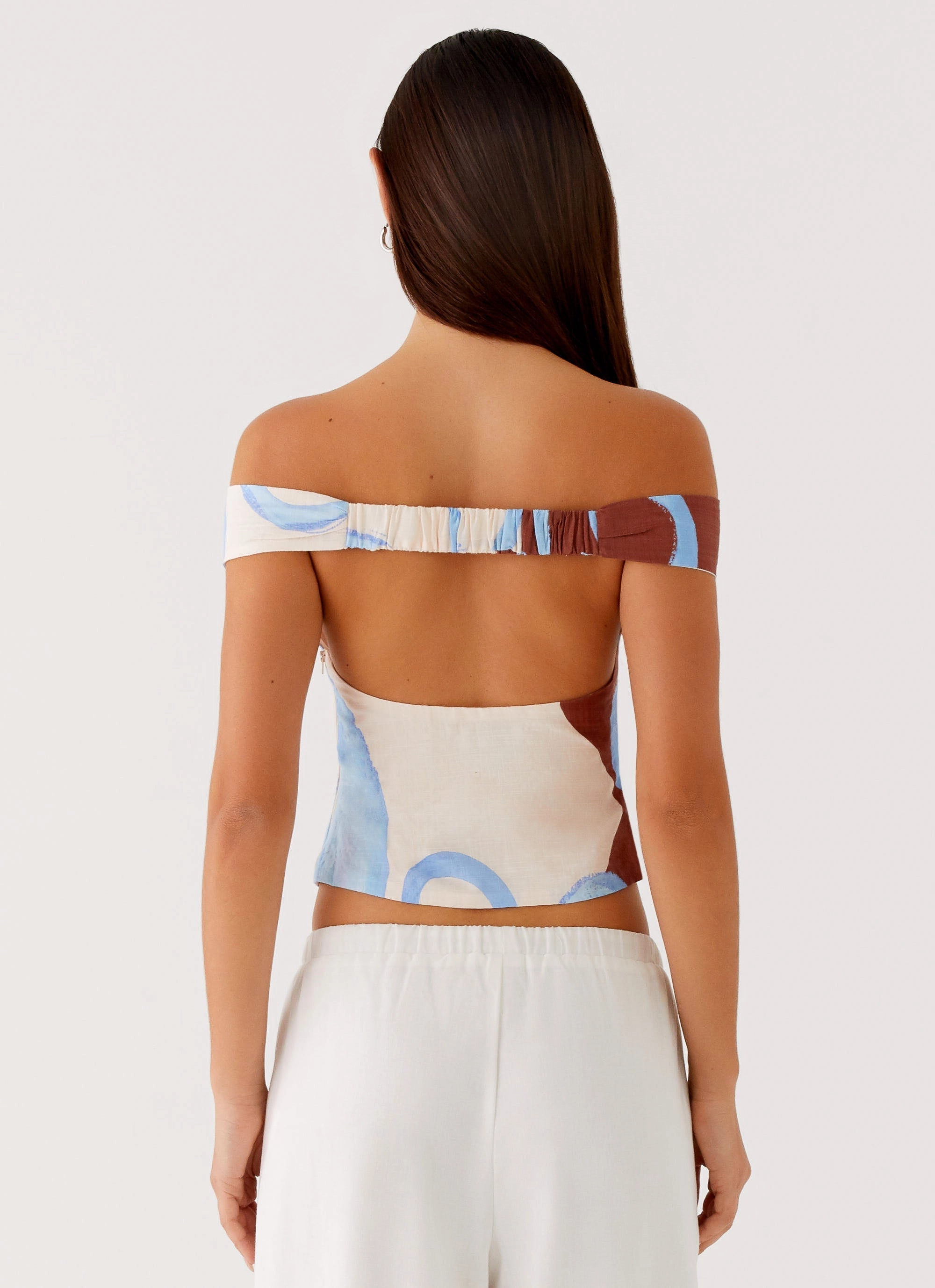 Fade Resistant Finish VNeckline Ozella Off Shoulder Top - Bloom Wave Print