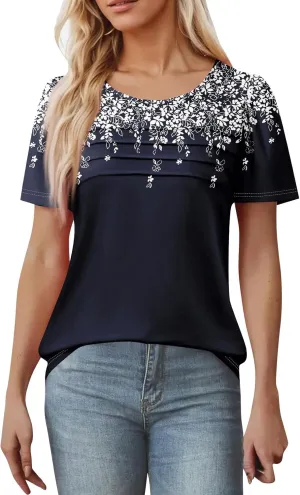 T Shirts for Women 2025 Floral Solid Pleated Front Crew Neck Short Sleeve Tops Dressy Casual Blouses Spring Summer Outfits
