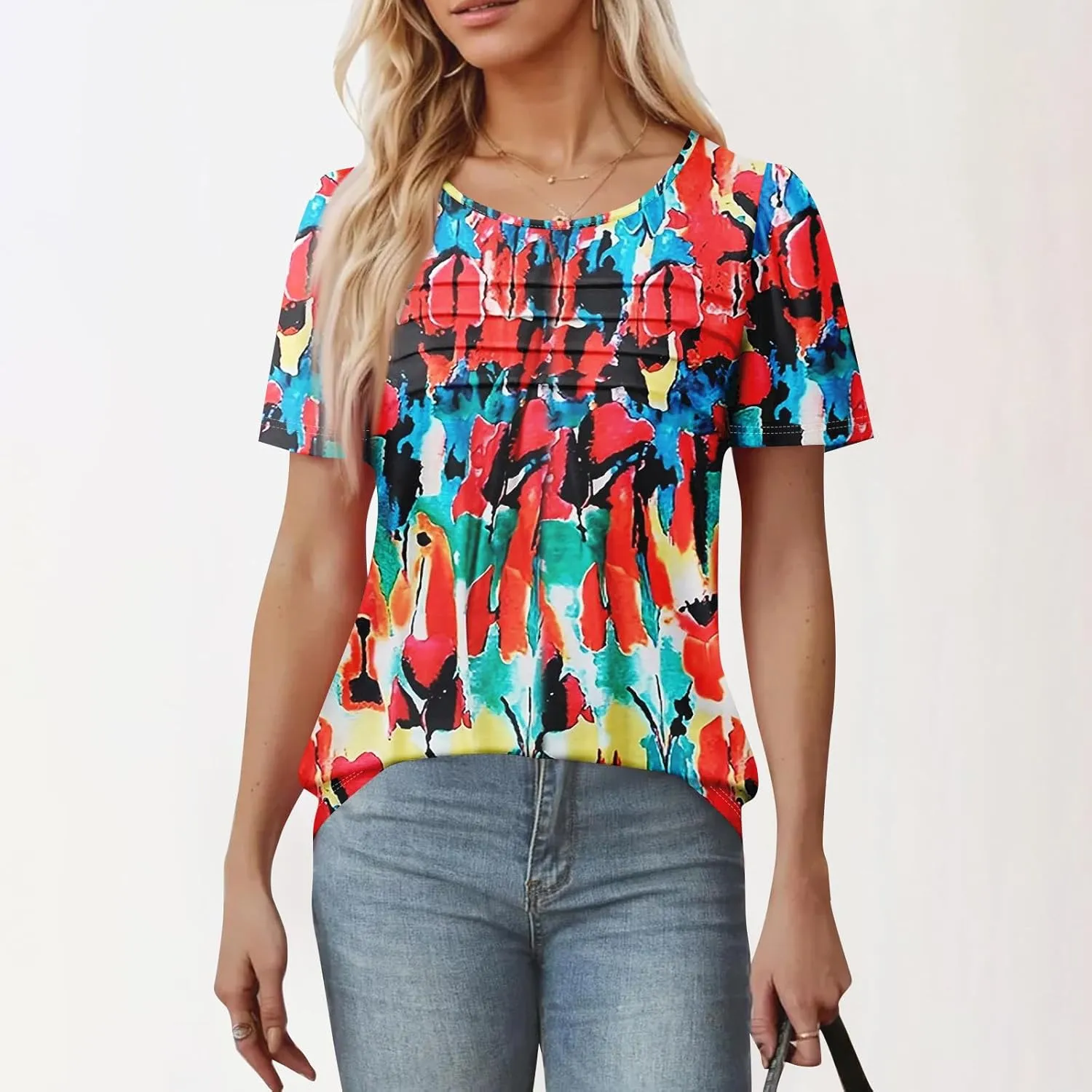 T Shirts for Women 2025 Floral Solid Pleated Front Crew Neck Short Sleeve Tops Dressy Casual Blouses Spring Summer Outfits