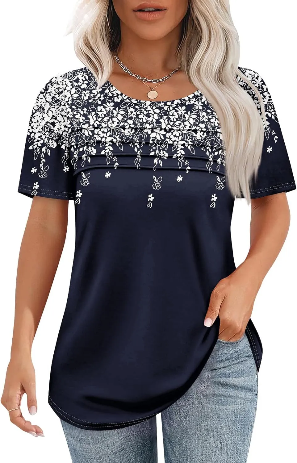 T Shirts for Women 2025 Floral Solid Pleated Front Crew Neck Short Sleeve Tops Dressy Casual Blouses Spring Summer Outfits