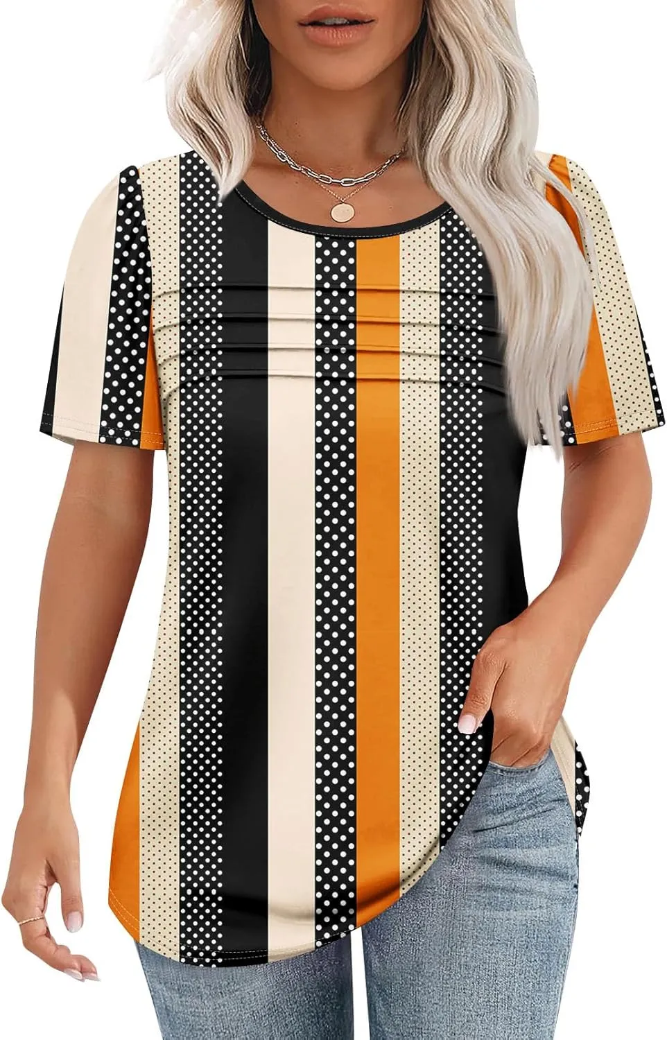 T Shirts for Women 2025 Floral Solid Pleated Front Crew Neck Short Sleeve Tops Dressy Casual Blouses Spring Summer Outfits