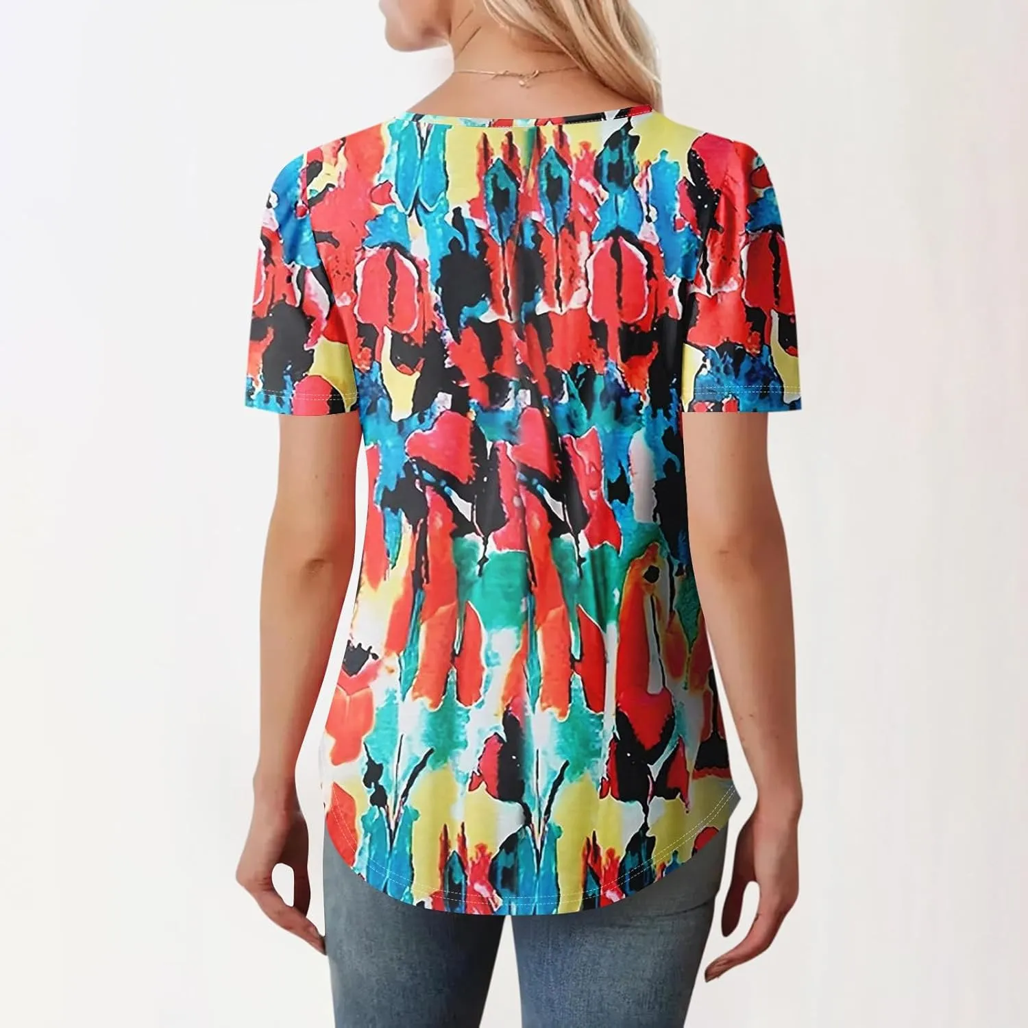 T Shirts for Women 2025 Floral Solid Pleated Front Crew Neck Short Sleeve Tops Dressy Casual Blouses Spring Summer Outfits