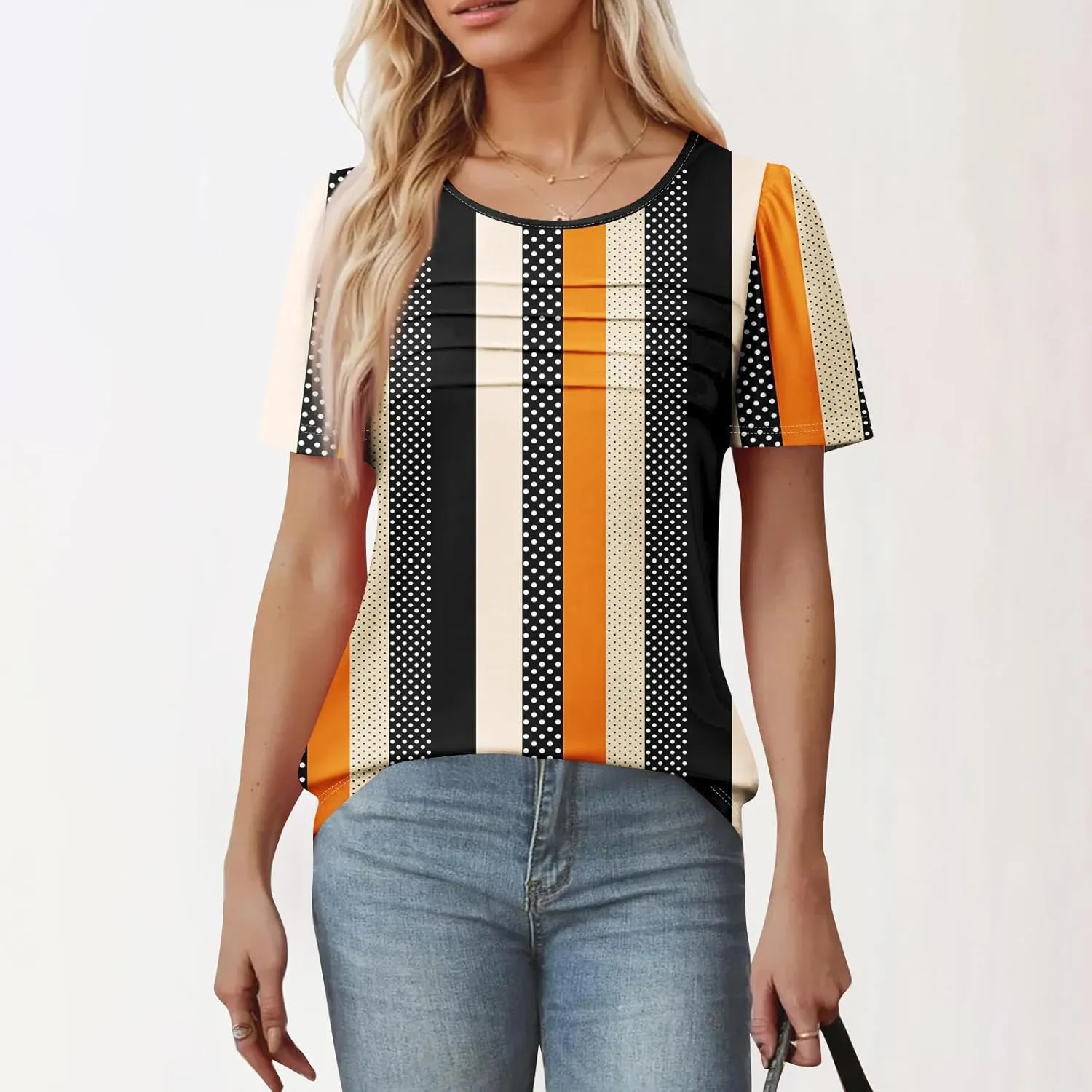 T Shirts for Women 2025 Floral Solid Pleated Front Crew Neck Short Sleeve Tops Dressy Casual Blouses Spring Summer Outfits