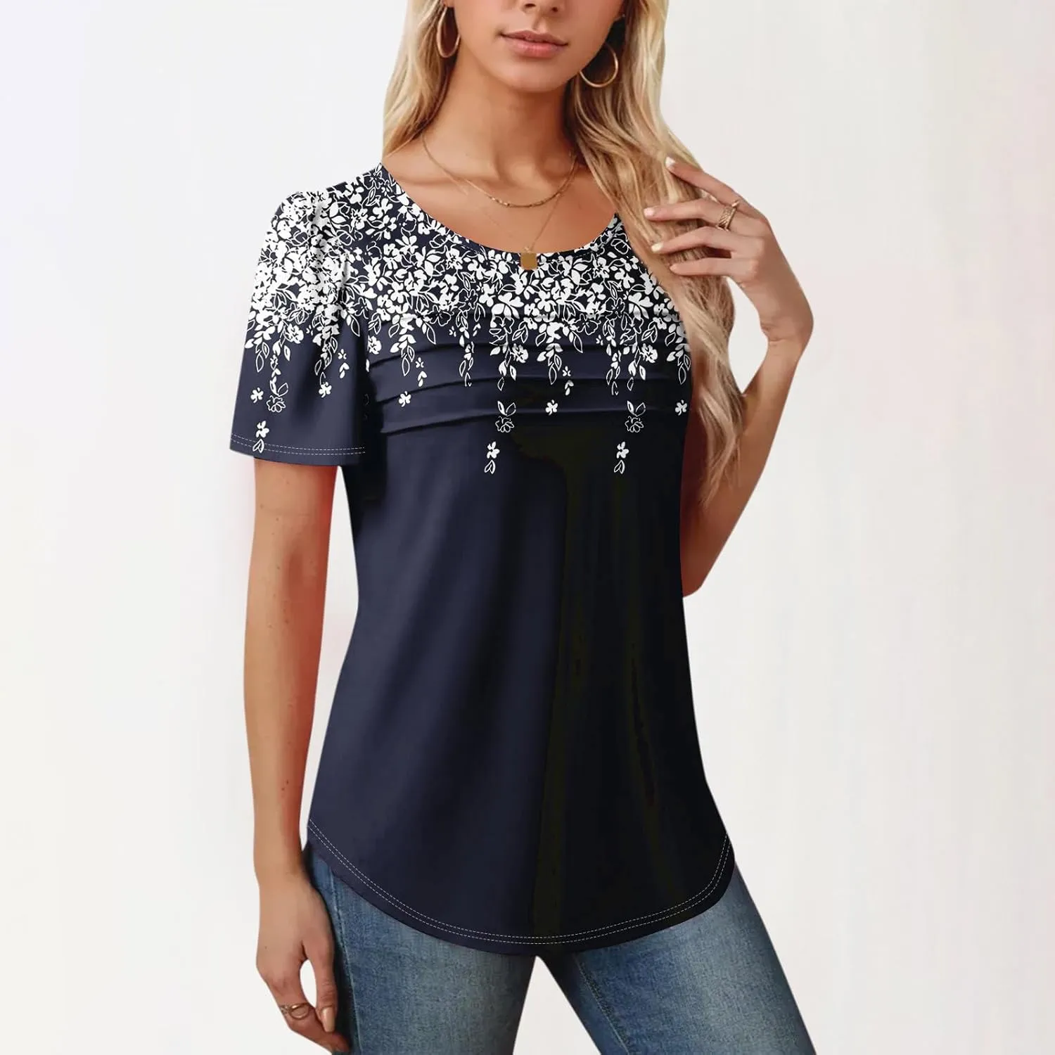 T Shirts for Women 2025 Floral Solid Pleated Front Crew Neck Short Sleeve Tops Dressy Casual Blouses Spring Summer Outfits