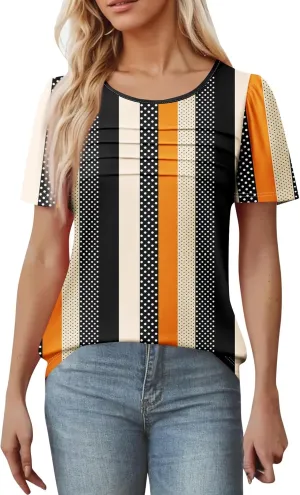 T Shirts for Women 2025 Floral Solid Pleated Front Crew Neck Short Sleeve Tops Dressy Casual Blouses Spring Summer Outfits