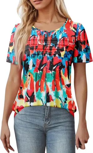 T Shirts for Women 2025 Floral Solid Pleated Front Crew Neck Short Sleeve Tops Dressy Casual Blouses Spring Summer Outfits