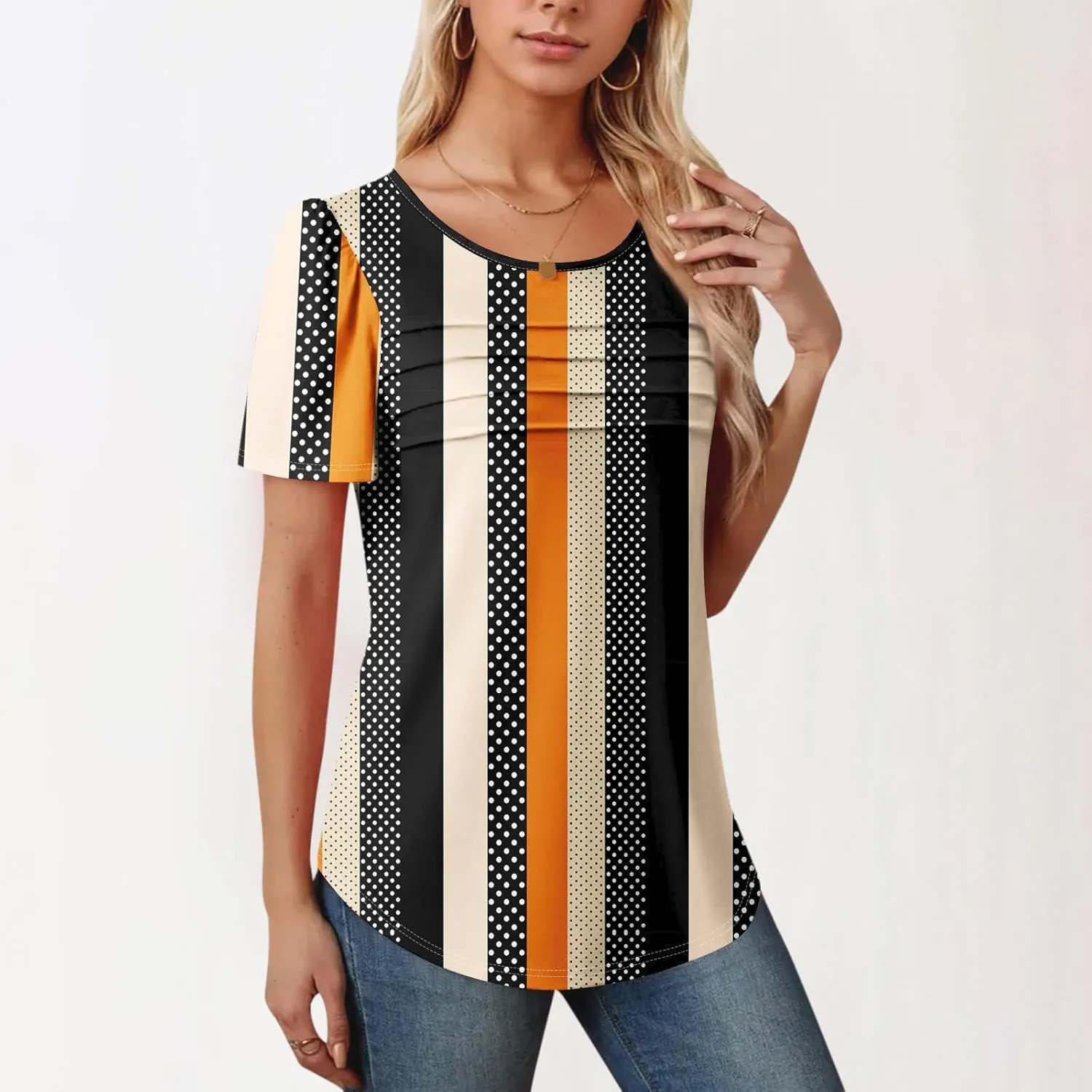 T Shirts for Women 2025 Floral Solid Pleated Front Crew Neck Short Sleeve Tops Dressy Casual Blouses Spring Summer Outfits