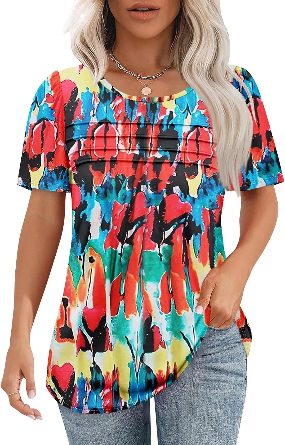 T Shirts for Women 2025 Floral Solid Pleated Front Crew Neck Short Sleeve Tops Dressy Casual Blouses Spring Summer Outfits