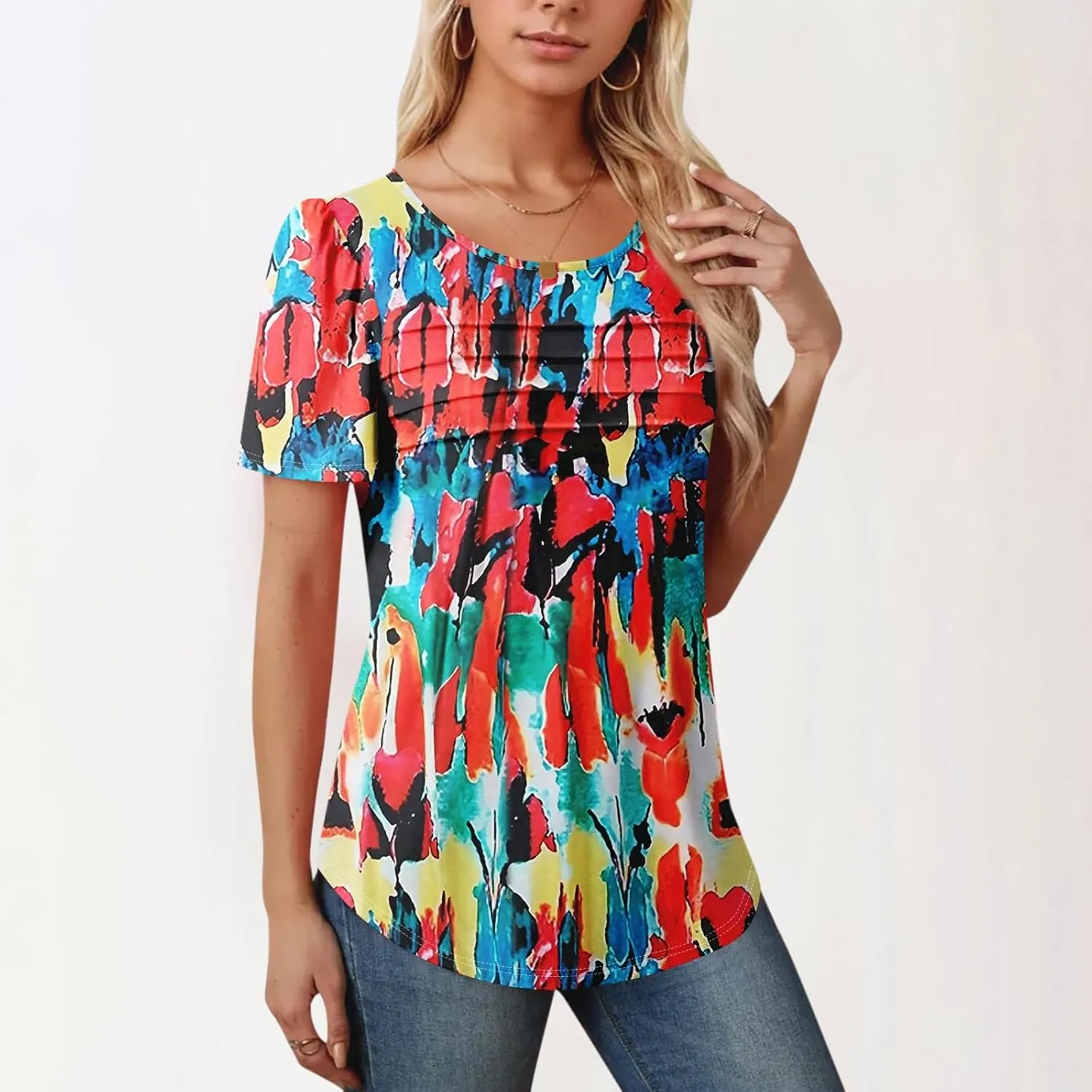 T Shirts for Women 2025 Floral Solid Pleated Front Crew Neck Short Sleeve Tops Dressy Casual Blouses Spring Summer Outfits