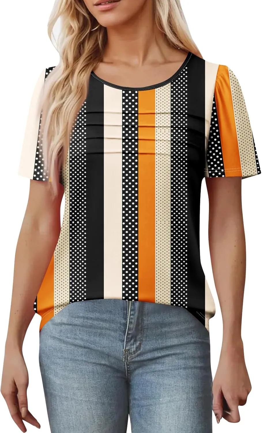 T Shirts for Women 2025 Floral Solid Pleated Front Crew Neck Short Sleeve Tops Dressy Casual Blouses Spring Summer Outfits