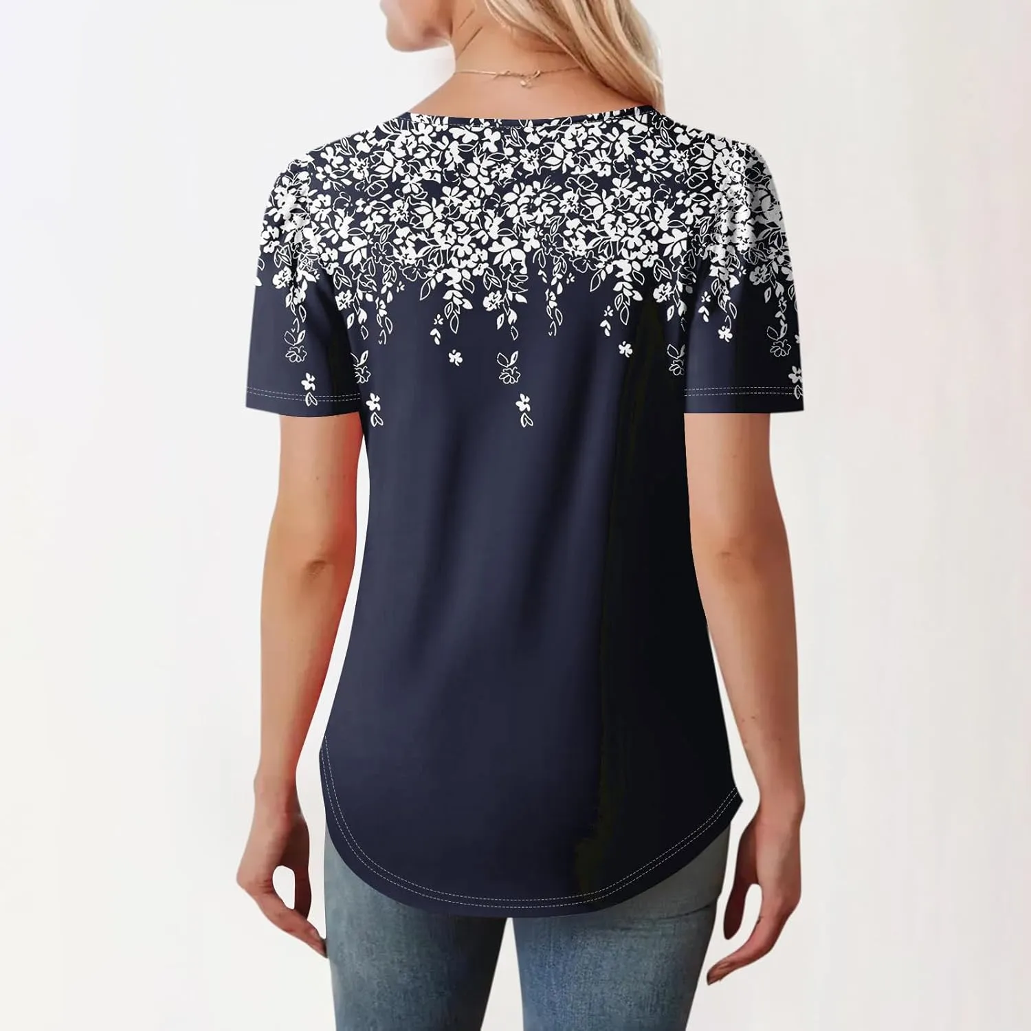T Shirts for Women 2025 Floral Solid Pleated Front Crew Neck Short Sleeve Tops Dressy Casual Blouses Spring Summer Outfits