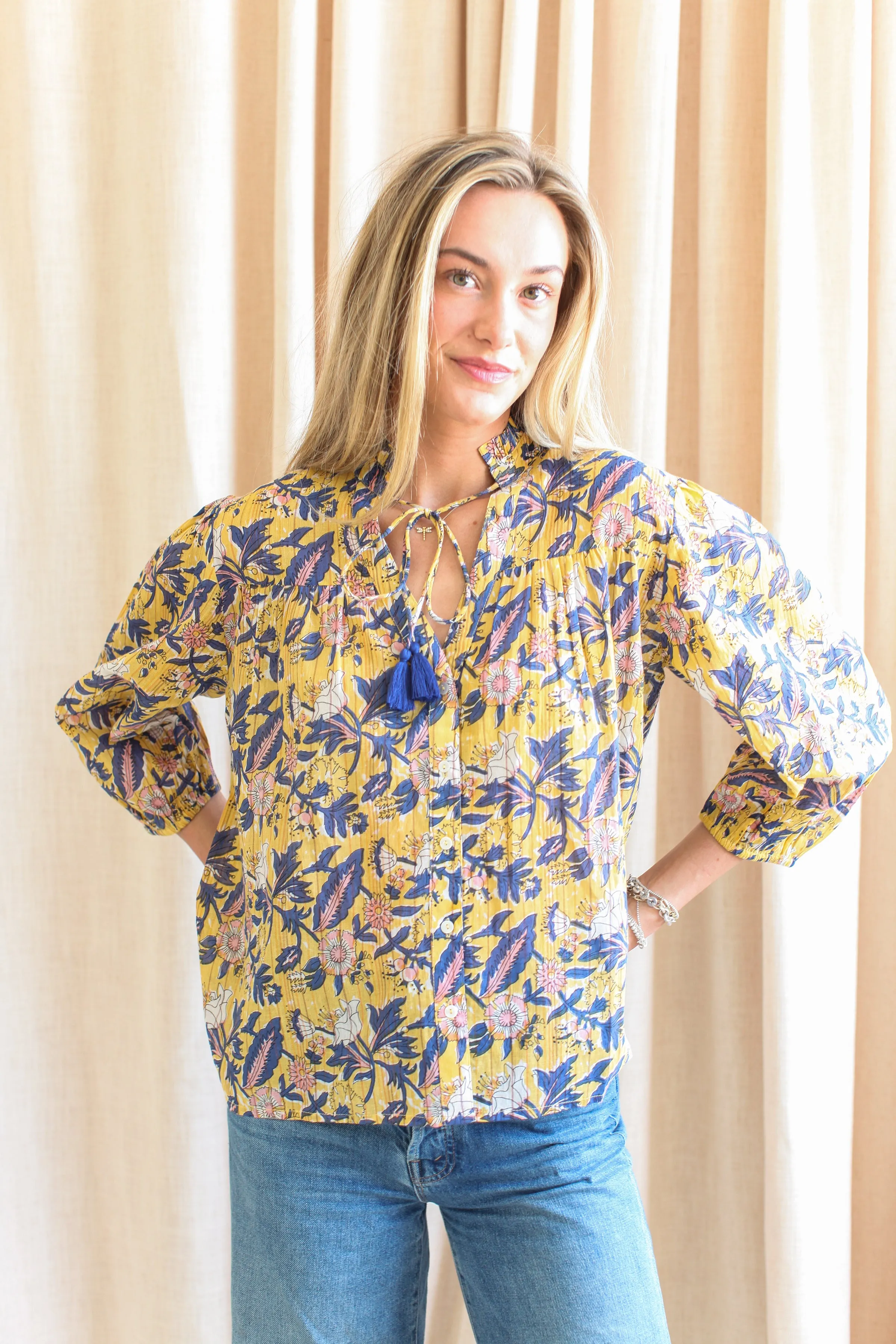 Contrast Stitch Detailing MicrofiberTech Jennie Tie Blouse