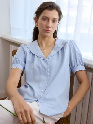 Cozy Knit Xiomara Tulip Embroidery Puff Sleeve Button Front Shirt