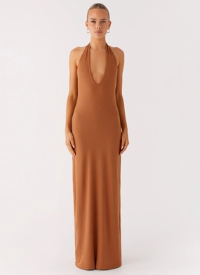 Plunge For You Maxi Dress - Tan Pure Aesthetic Flexible Cut