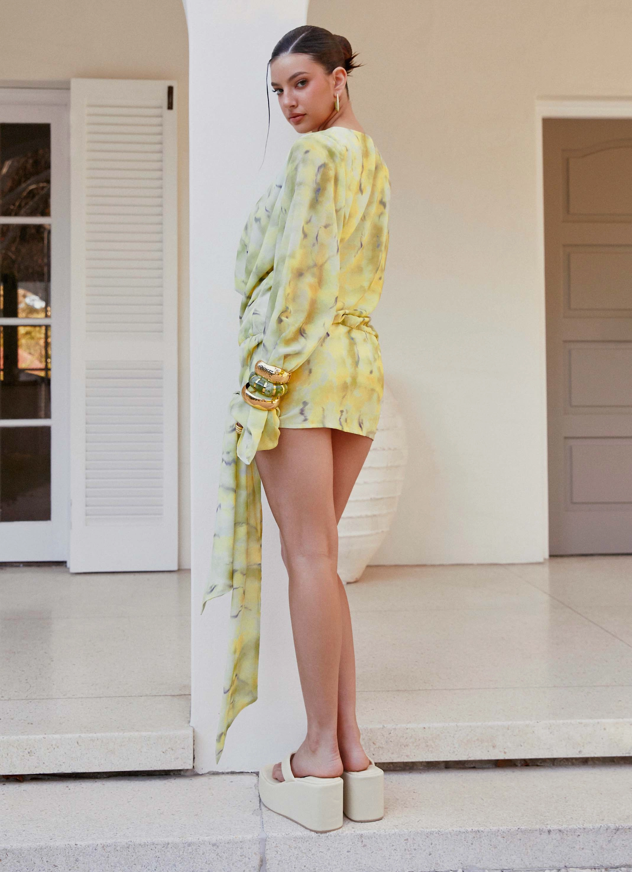 Crinkle Effect Sorrel Long Sleeve Mini Dress - Yellow Tie Dye
