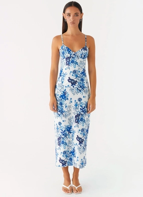 Comfortable travel dress Take Chances Midi Dress - Serene Sky Floral