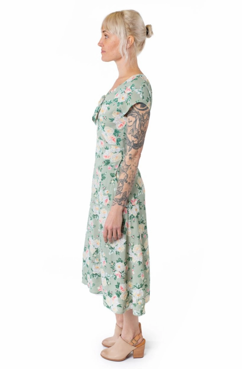 Tatiana Dress in Sage Floral Linen-Blend Dew Glow