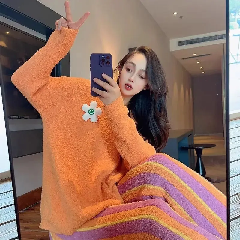TAVIMART  -  Fluffy Pajamas Set for Women Casual Sleepwear Tank Sunflower Plus Size Hoodie Leisure Homsuit Winter 2 Pieces Pijamas Set Kawaii