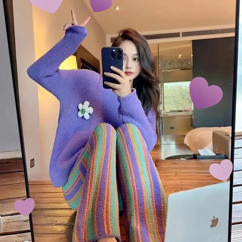 TAVIMART  -  Fluffy Pajamas Set for Women Casual Sleepwear Tank Sunflower Plus Size Hoodie Leisure Homsuit Winter 2 Pieces Pijamas Set Kawaii