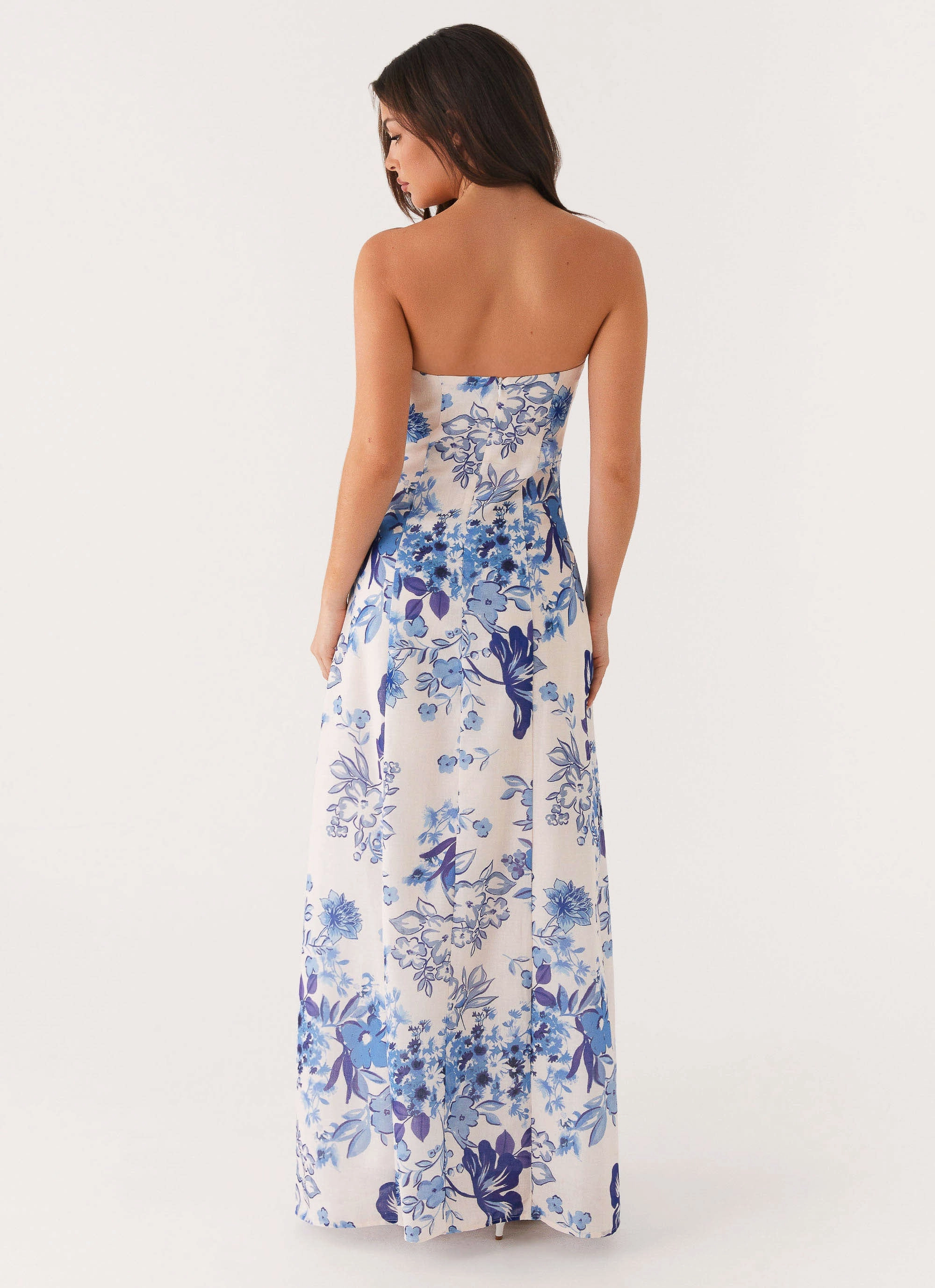 Buckle-Detail Flare Swing Tayla Linen Maxi Dress - Serene Sky Floral