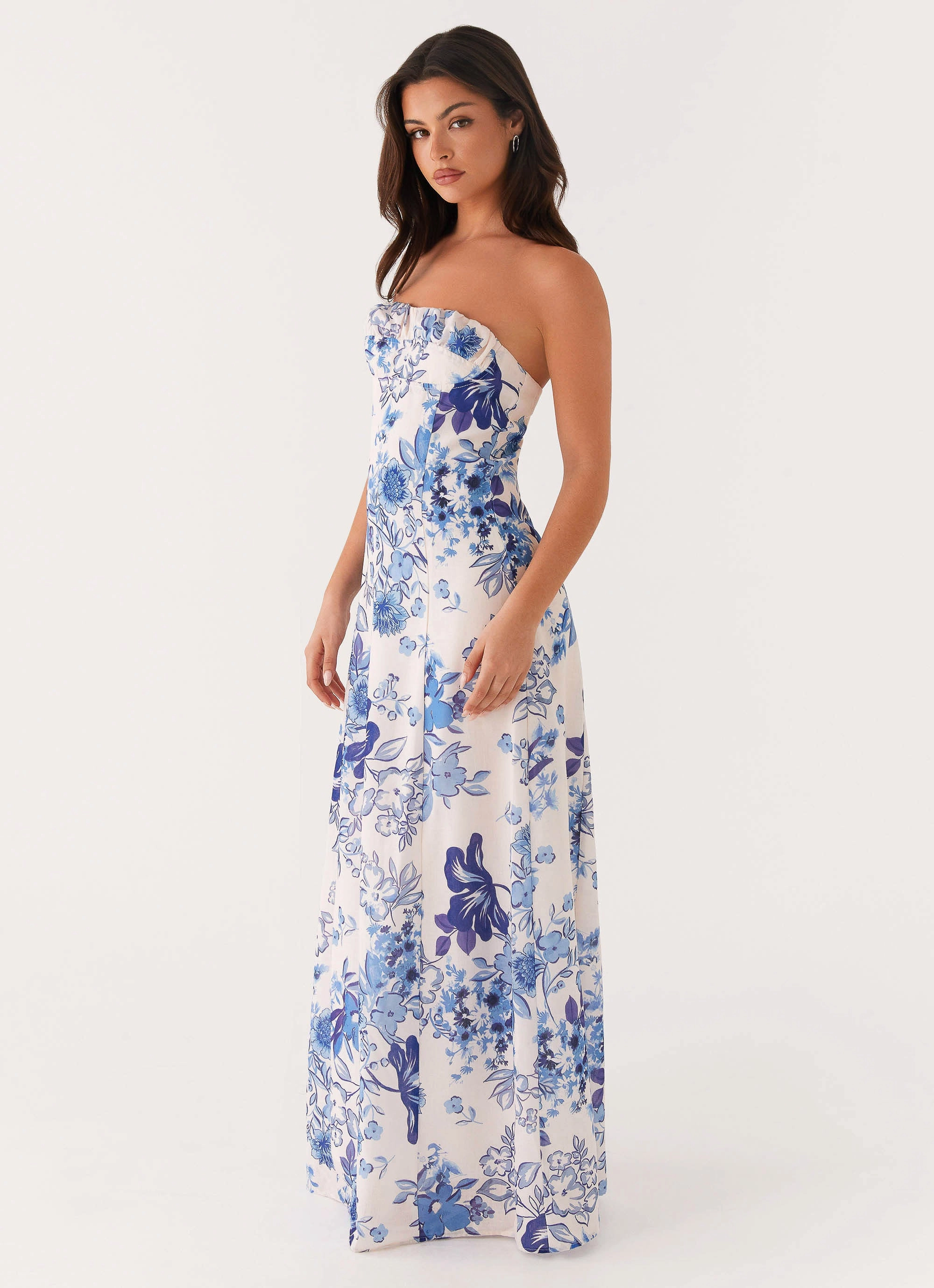 Tayla Linen Maxi Dress - Serene Sky Floral Trendy Everyday