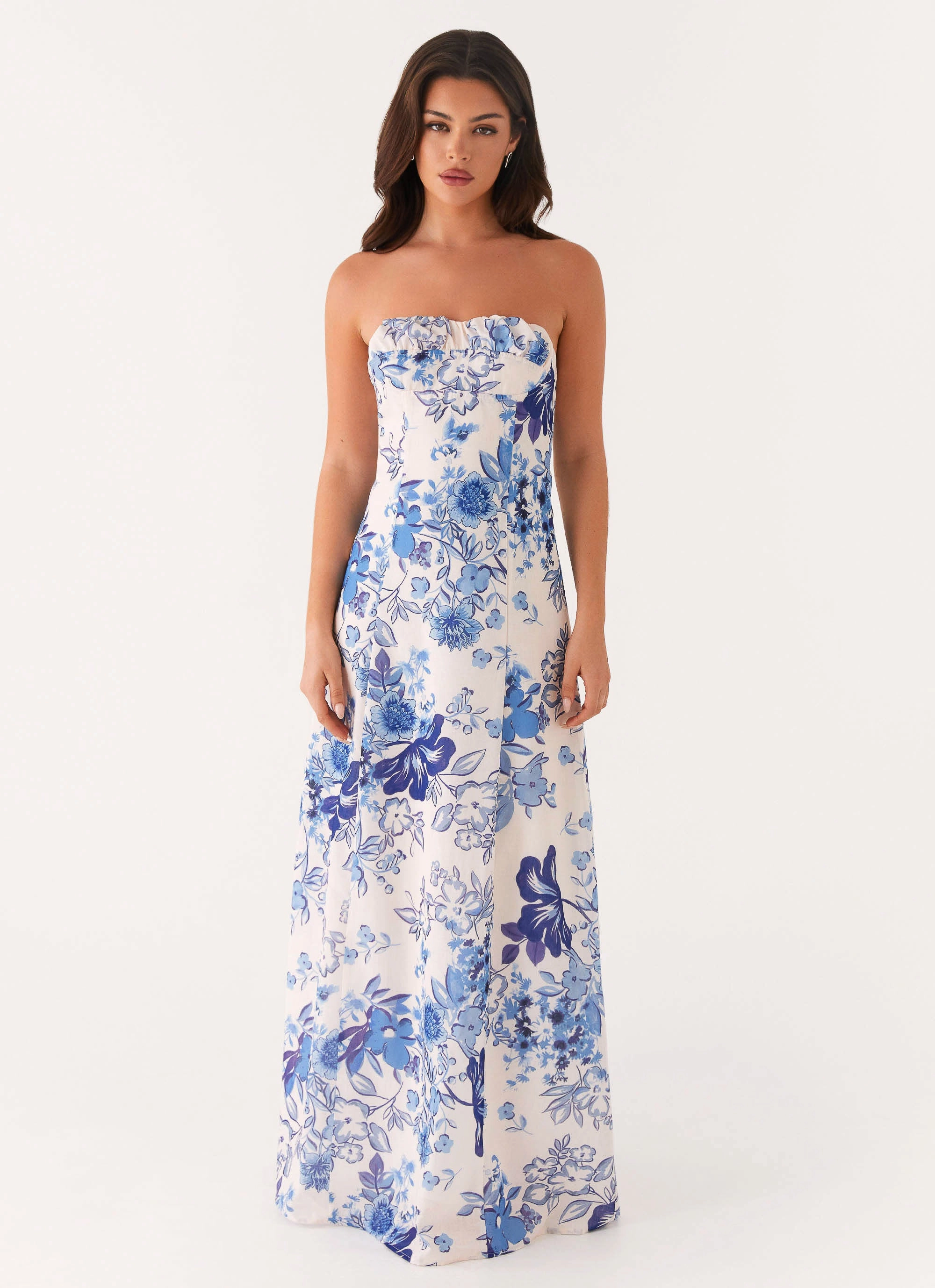 Tayla Linen Maxi Dress - Serene Sky Floral Structured Fit Polished Edge