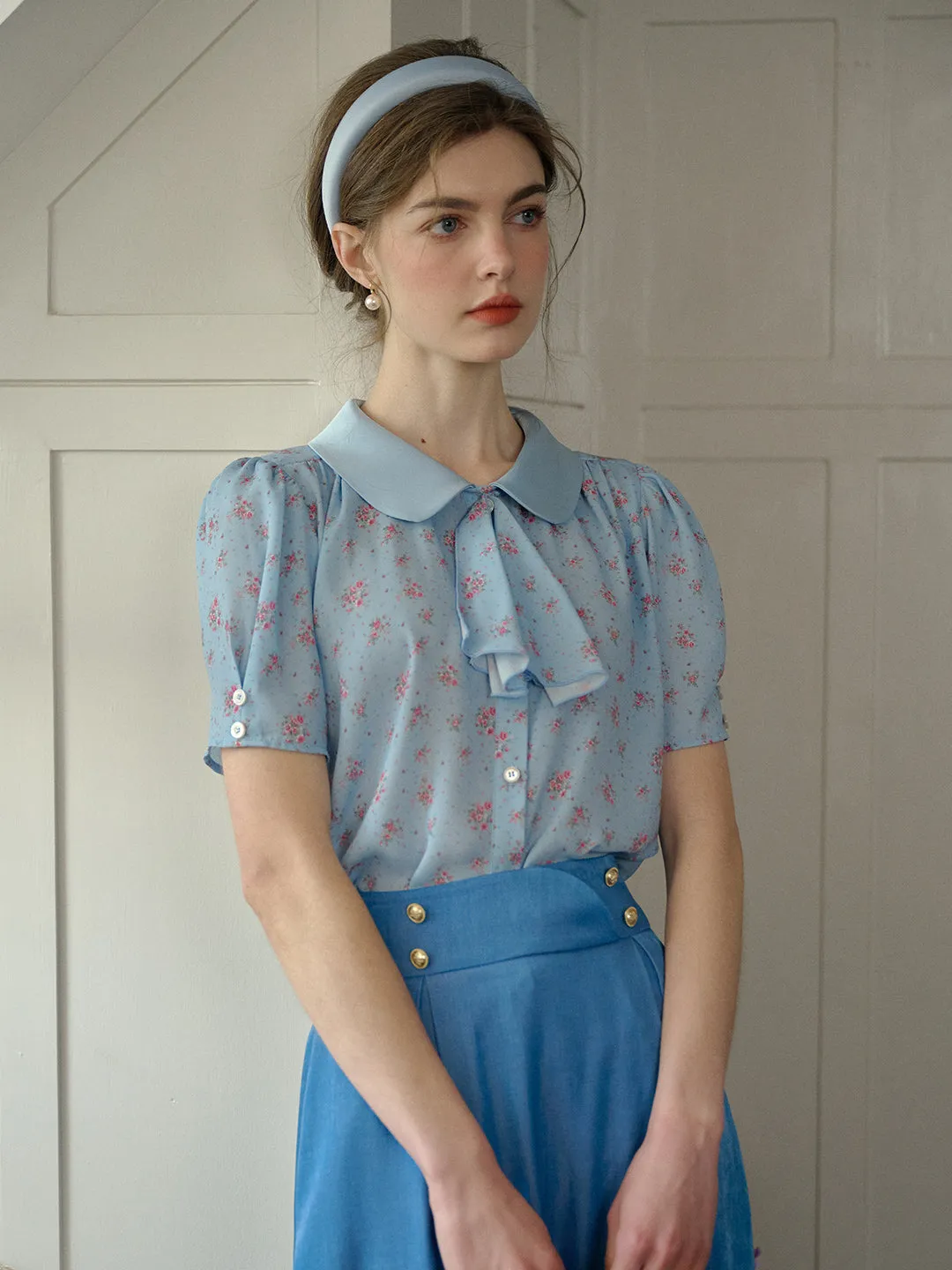Marina Vintage Lapel Floral Print Blouse Recycled Polyester Quick Dry Material