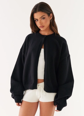 Laser Cut Vents Annie One Button Cardigan - Black