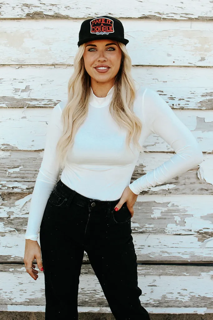 High Neckline Structure SweatWicking Fabric Essential Turtleneck Long Sleeve Bodysuit - White