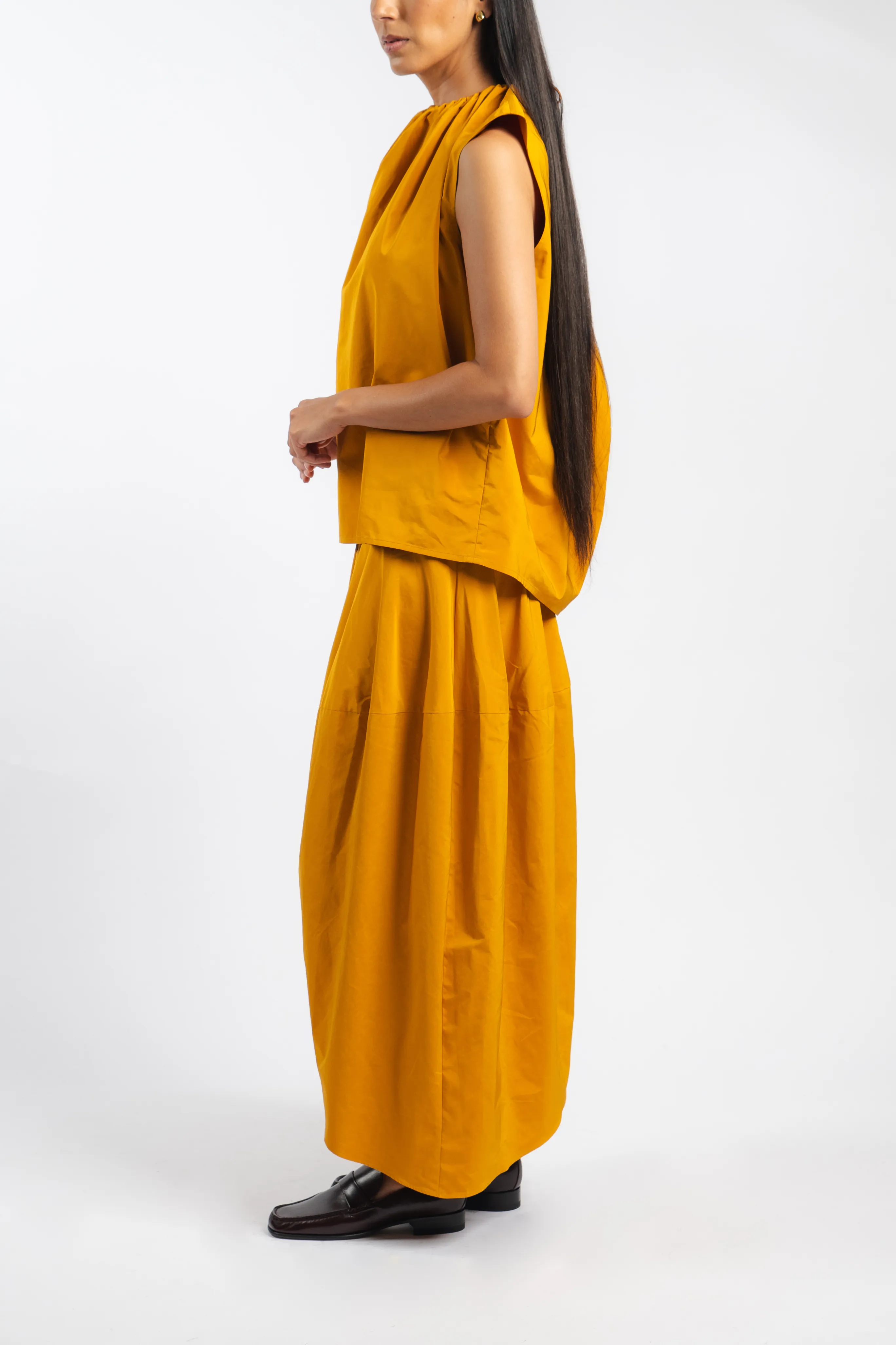 Nylon Shirred Neck Top Weighted Hem