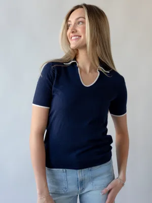 Drop Shoulder Design Watts Knit Polo - Navy