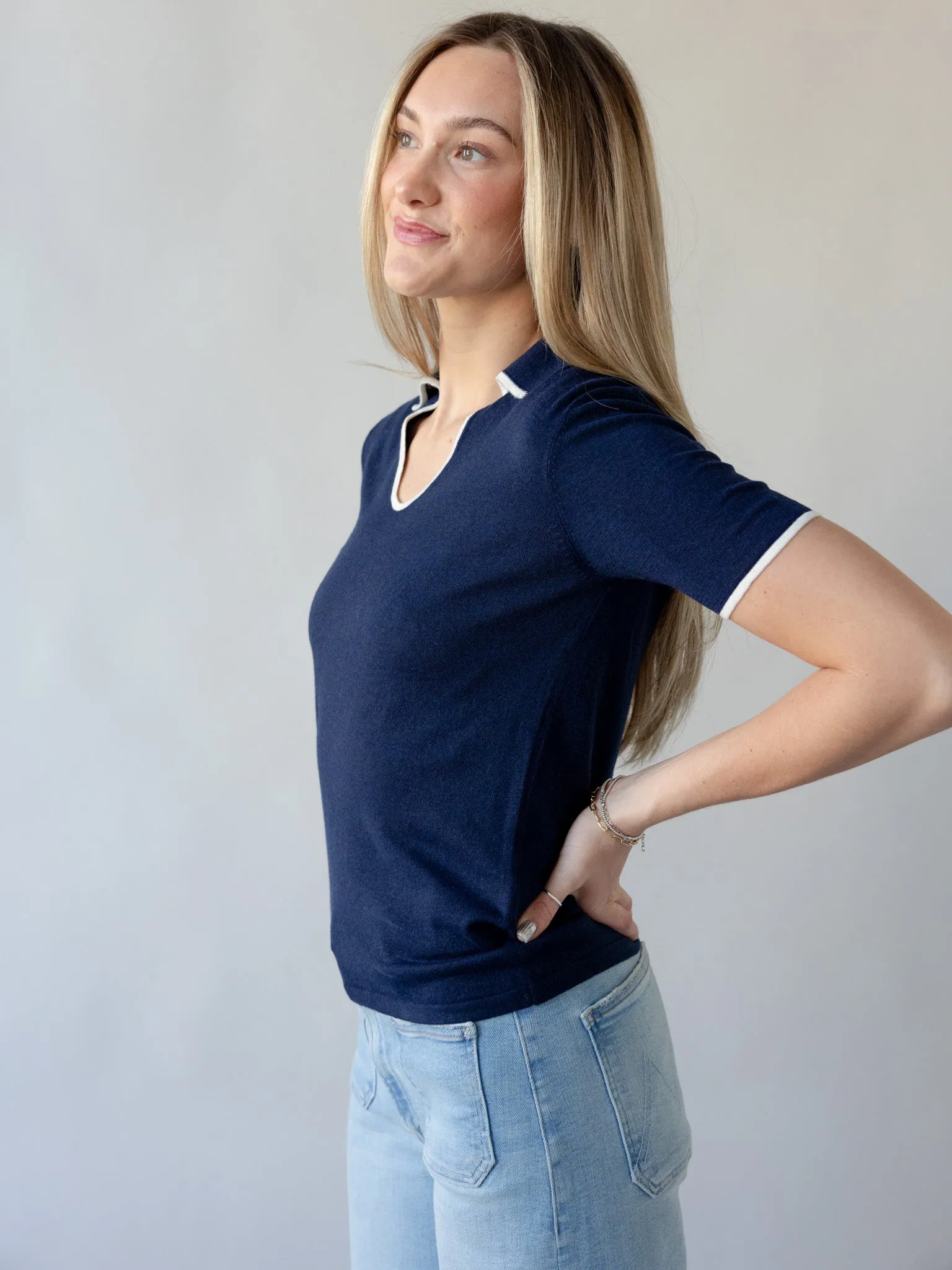 ribbed texture WrinkleFree Fabric Watts Knit Polo - Navy