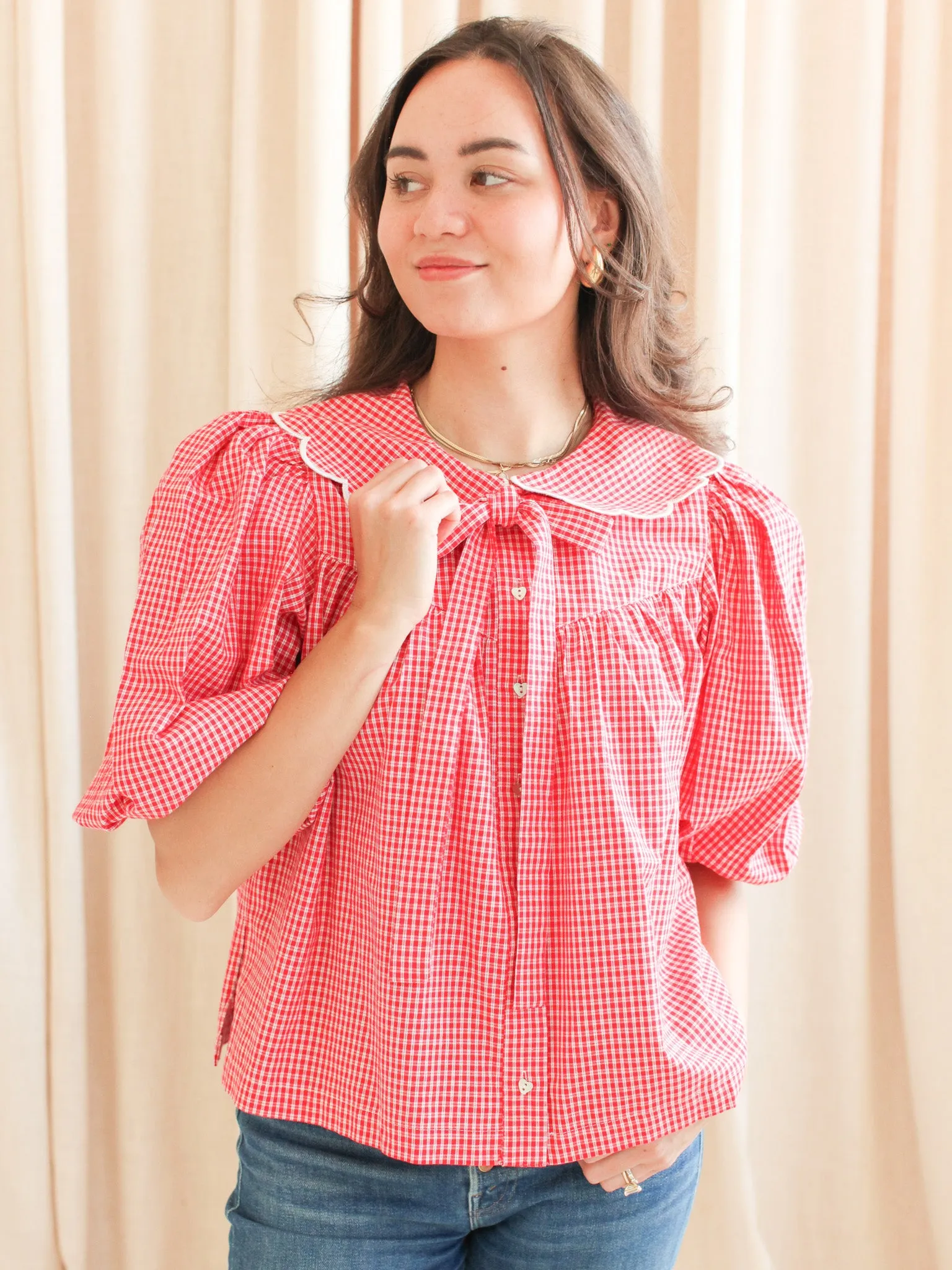 Katherine Scalloped Blouse - Red Soft touch finish Textured Fabric Finish