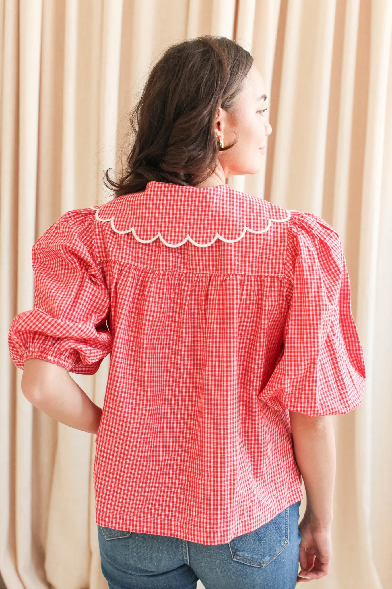 Compact Weave Fabric Katherine Scalloped Blouse - Red