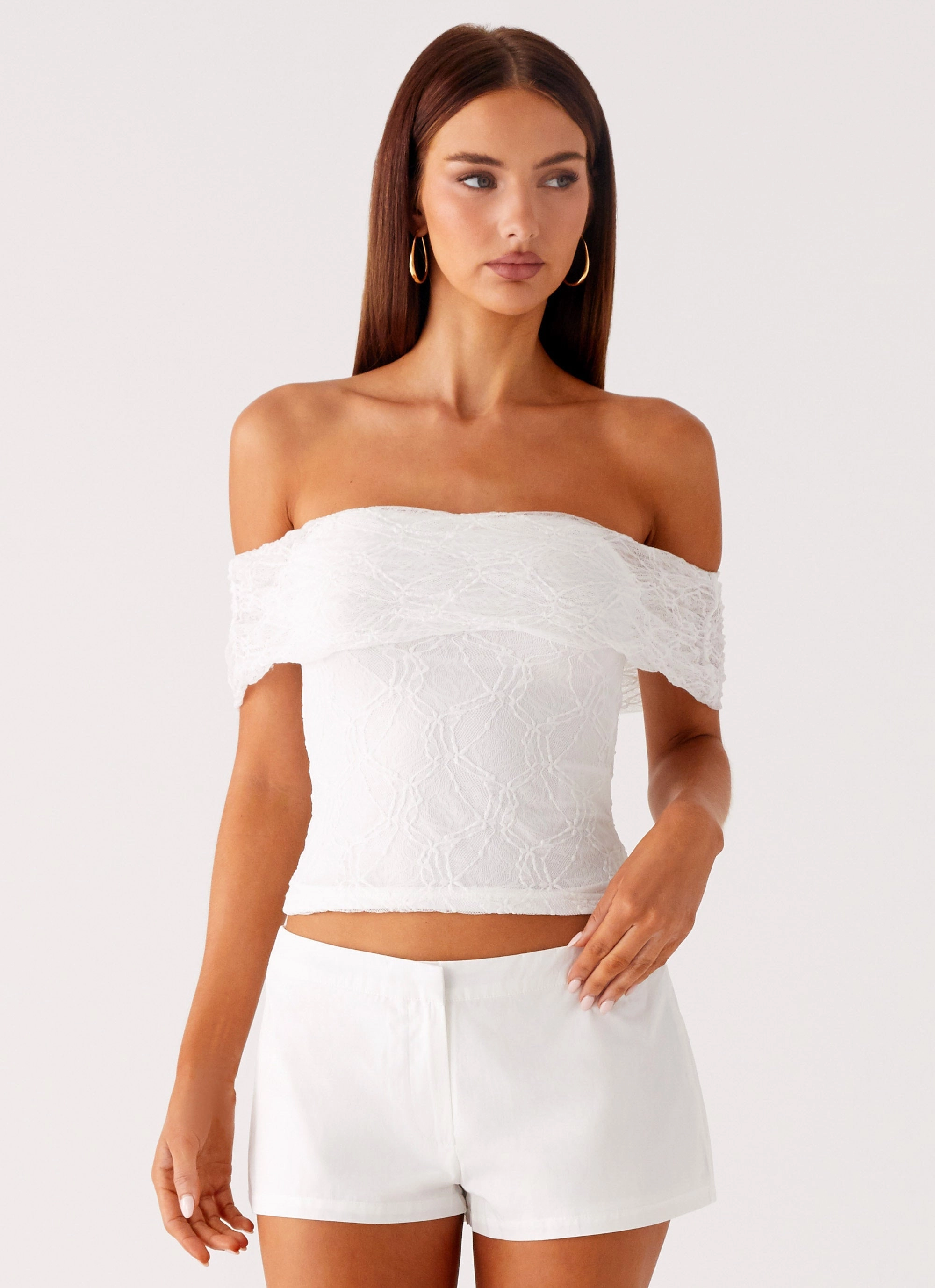Tabby Off Shoulder Top - White EasyCareFabric Double Layered Fabric