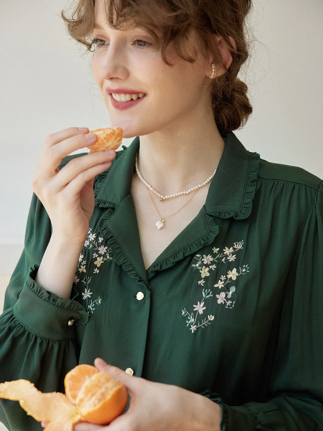 ??Final Sale??Convallaria Floral Embroidered Light Green Puff Top FlatlockSeams BreathableMeshInsert