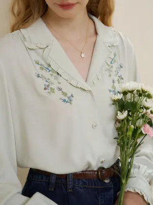 ??Final Sale??Convallaria Floral Embroidered Light Green Puff Top Double Stitched Hems