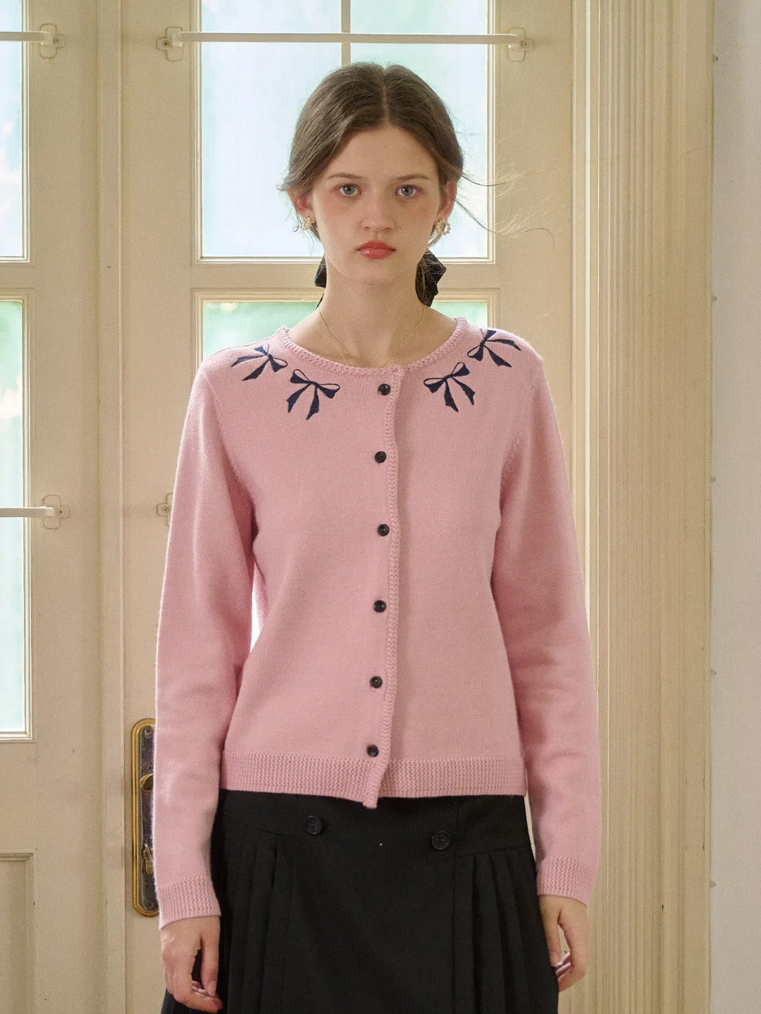 LayeredCuff Seamless construction ??Final Sale??Nyx Round Neck Contrasting Embroidery Bow Cardigan