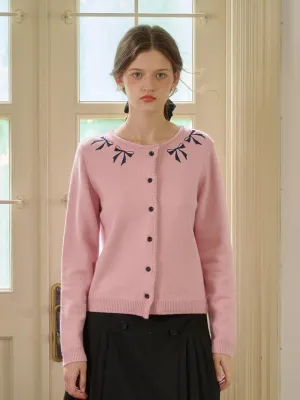 ??Final Sale??Nyx Round Neck Contrasting Embroidery Bow Cardigan Reinforced Hemline Airflow Vents