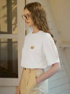 Rolled Hem Detailing ??Final Sale??Journey Puppy Applique Round Neck Short Sleeve Casual T-Shirt - White