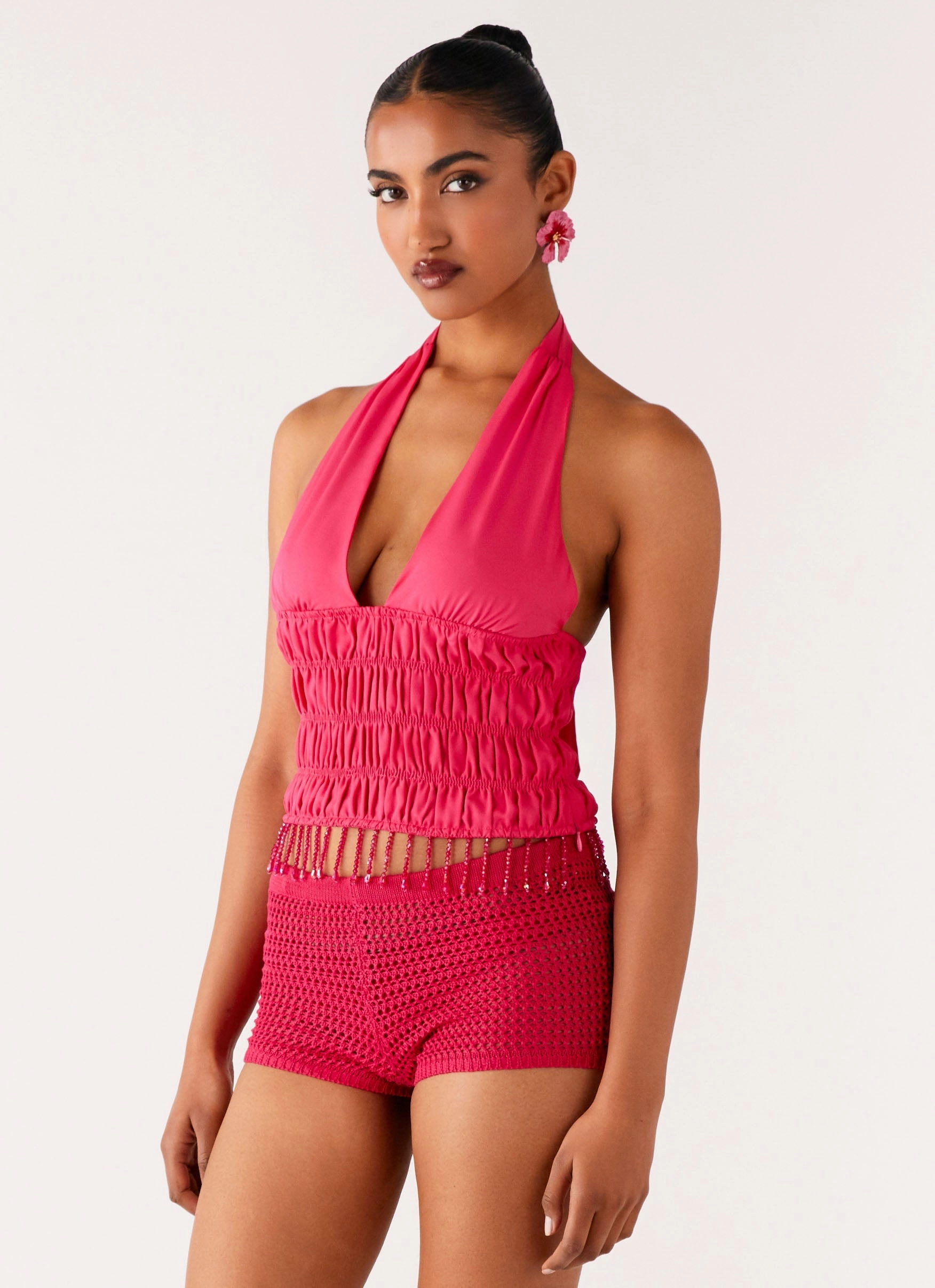 Teuila Beaded Top - Fuchsia Stretch Blouse