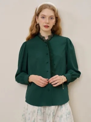 ??Final Sale??Hanna Puff Sleeve Green Lace Blouse DualLayer Weave
