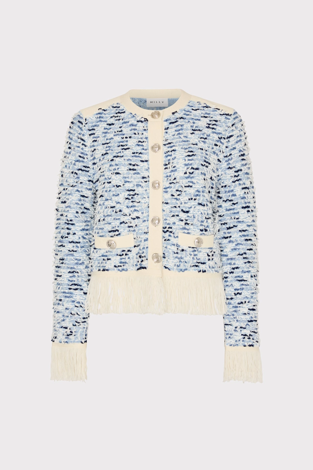 Textured Fringe Trim Cardigan ElasticCuffs
