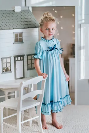 The Original Clara Nutcracker Gown in Robins Egg Blue and Navy Trim