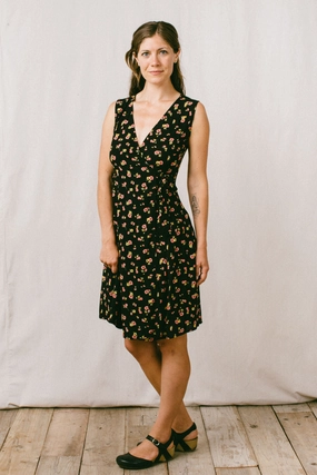 Thea Dress in Black Floral Challis Jewel Accent Comfort Layer