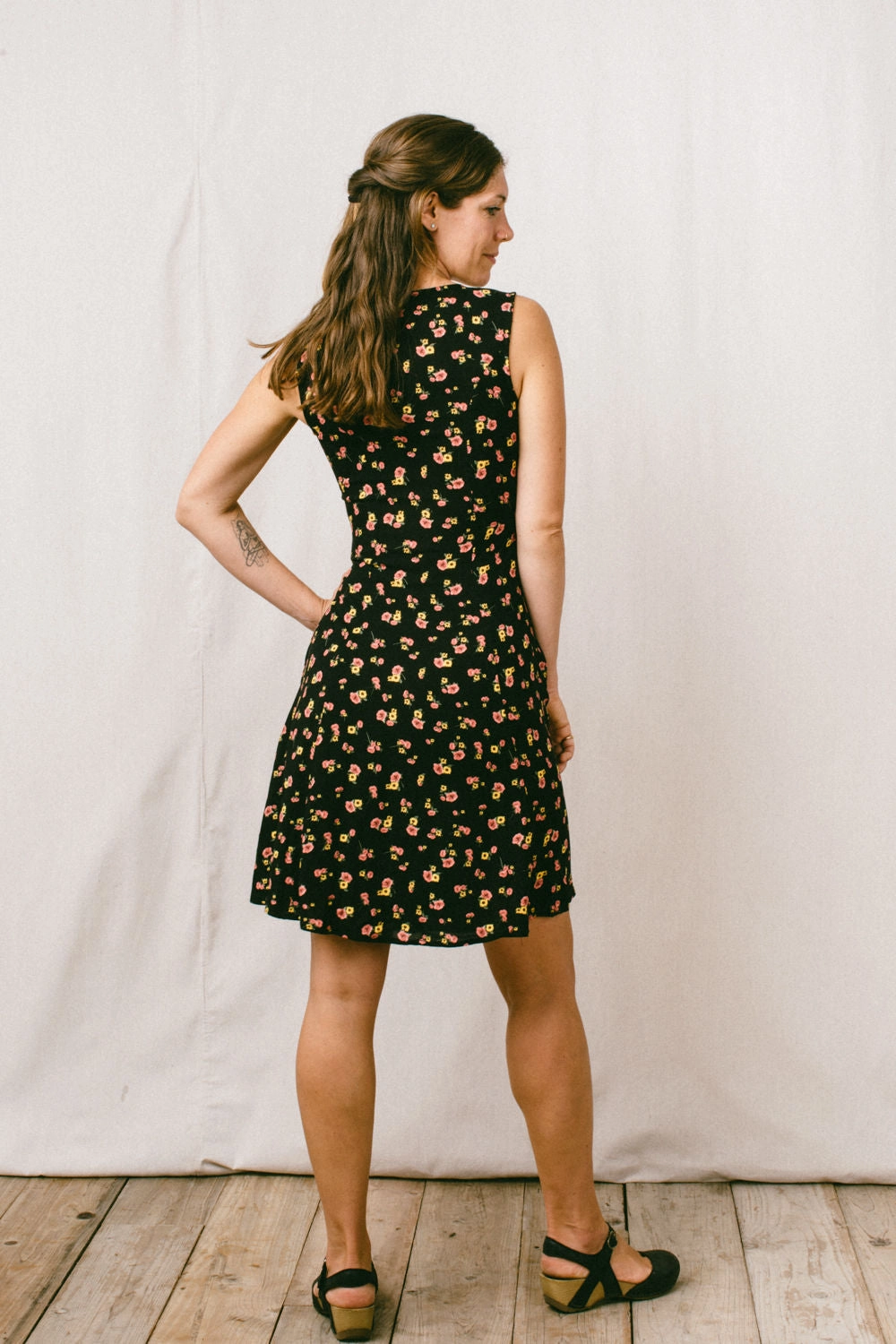 Thea Dress in Black Floral Challis Lightweight Feel