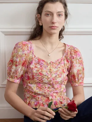 Versatile Base Layer ??Final Sale??Katalina Floral Print Ruched Front Ruffle Hem Blouse