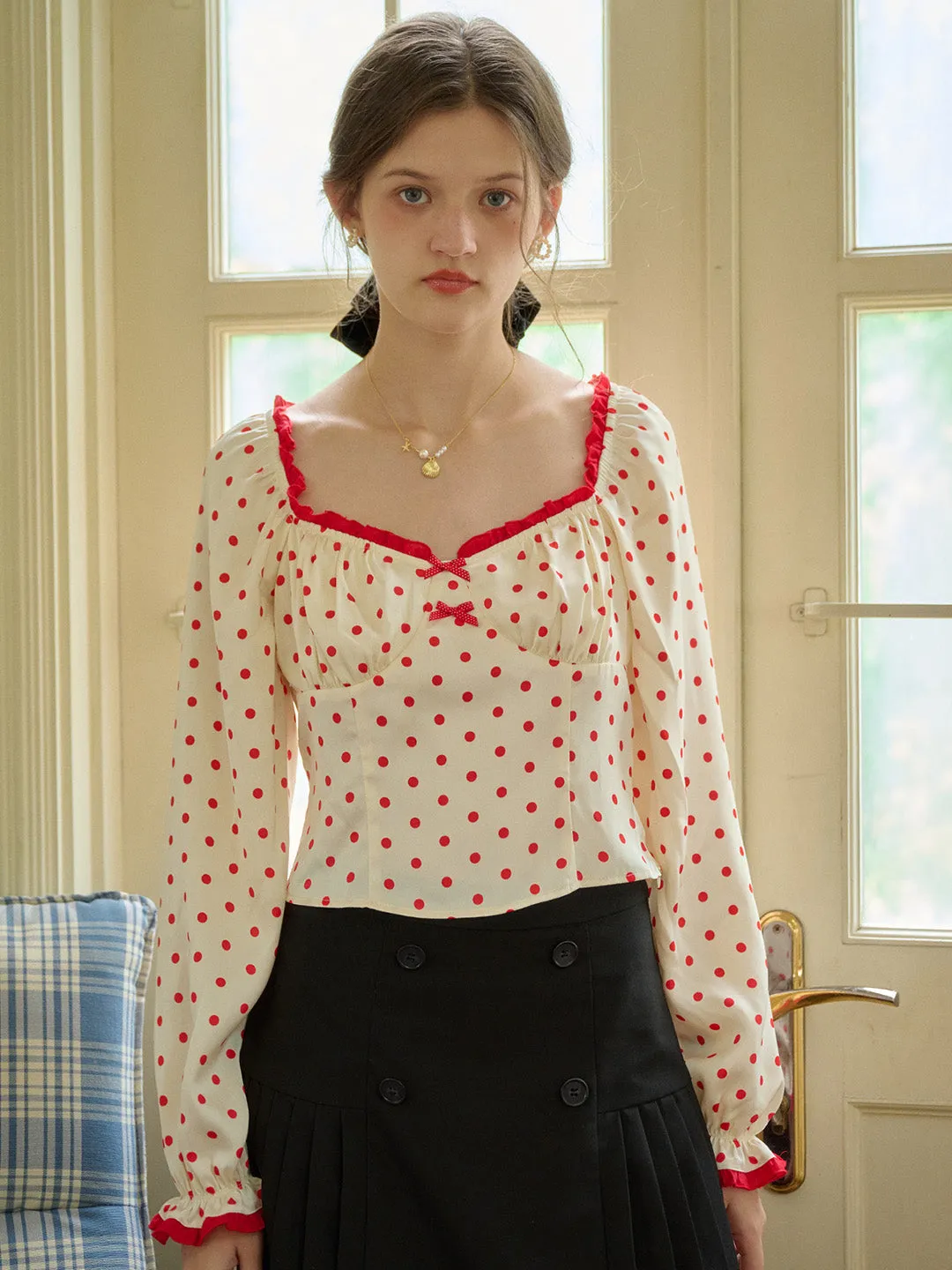 Yarn Dyed Pattern Cloth ??Final Sale??Ashlynn Square Collar Contrasting Polka Dots Bow Blouse
